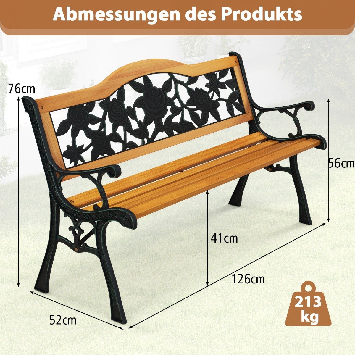Garden bench weatherproof 2-seater bench with armrests balcony bench wooden bench 126 x 52 x 76 cm