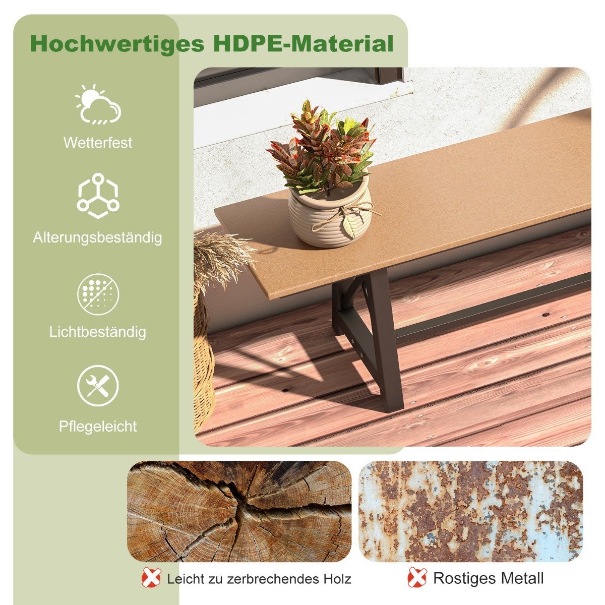 Garden bench weatherproof 3-seater bench can hold up to 500 kg 183 x 35 x 41.5 cm brown