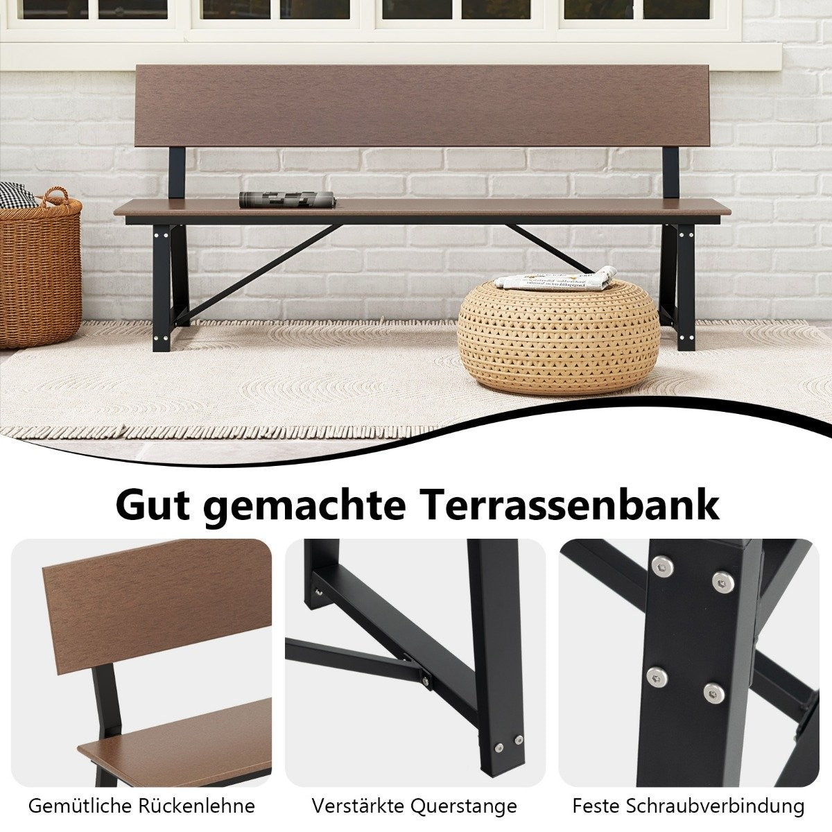 Garden bench weatherproof 3-seater bench can hold up to 500kg 183 x 52 x 85 cm brown