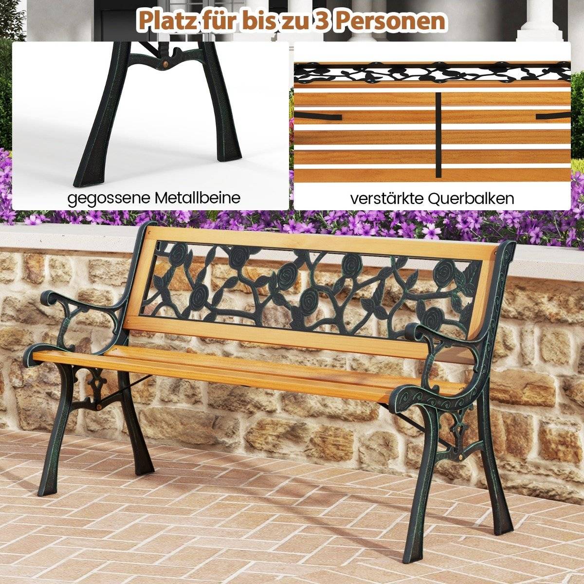Garden bench with cast metal frame and wooden seat. Ergonomic bench for 3 people, 127.5 cm long