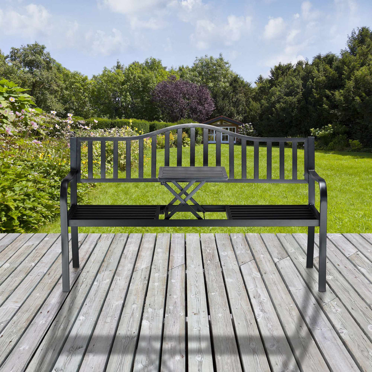 Garden bench with integrated table