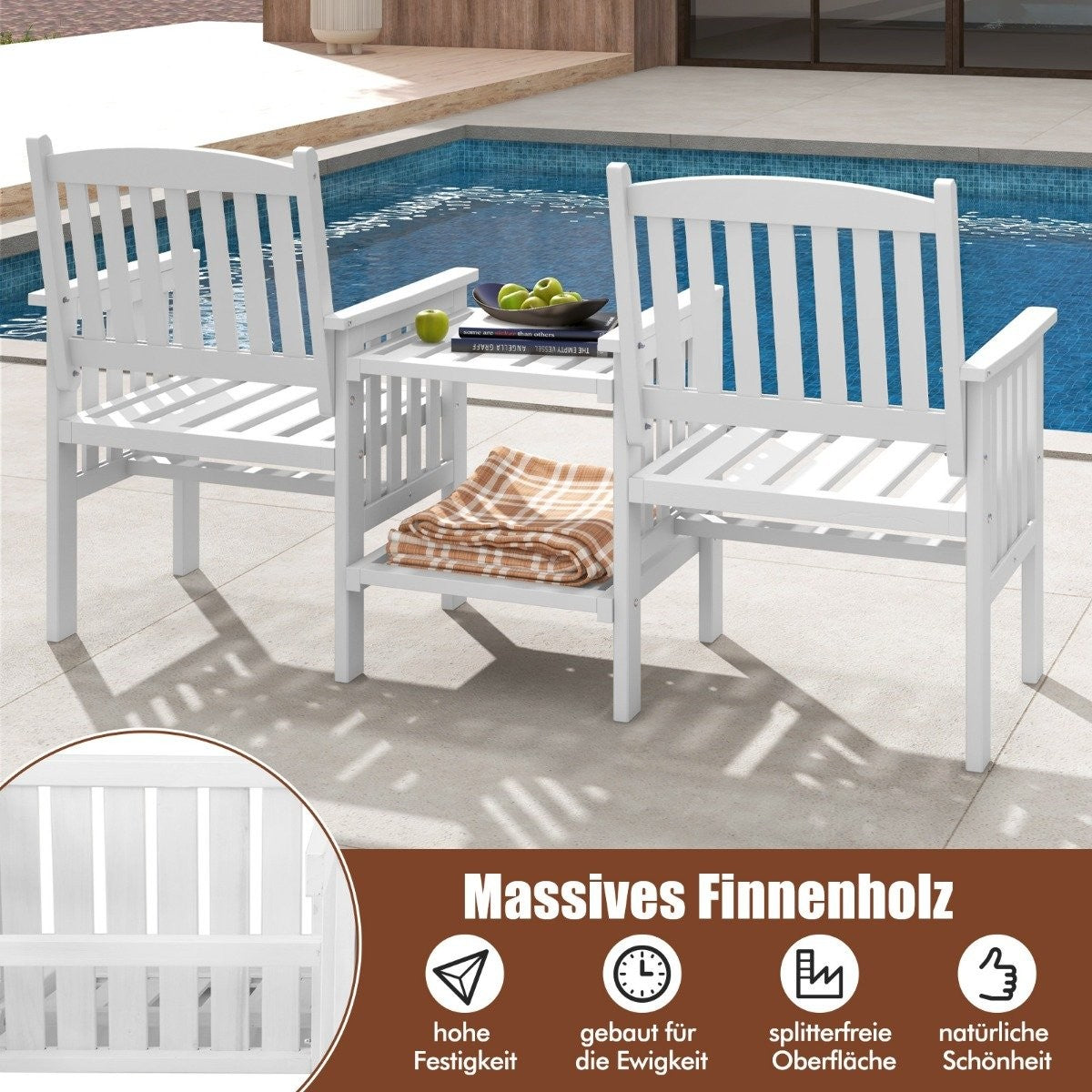 Garden bench with table 2-seater bench with 5 cm umbrella hole wooden bench made of fir wood up to 330 kg 165 x 60 x 88 cm white