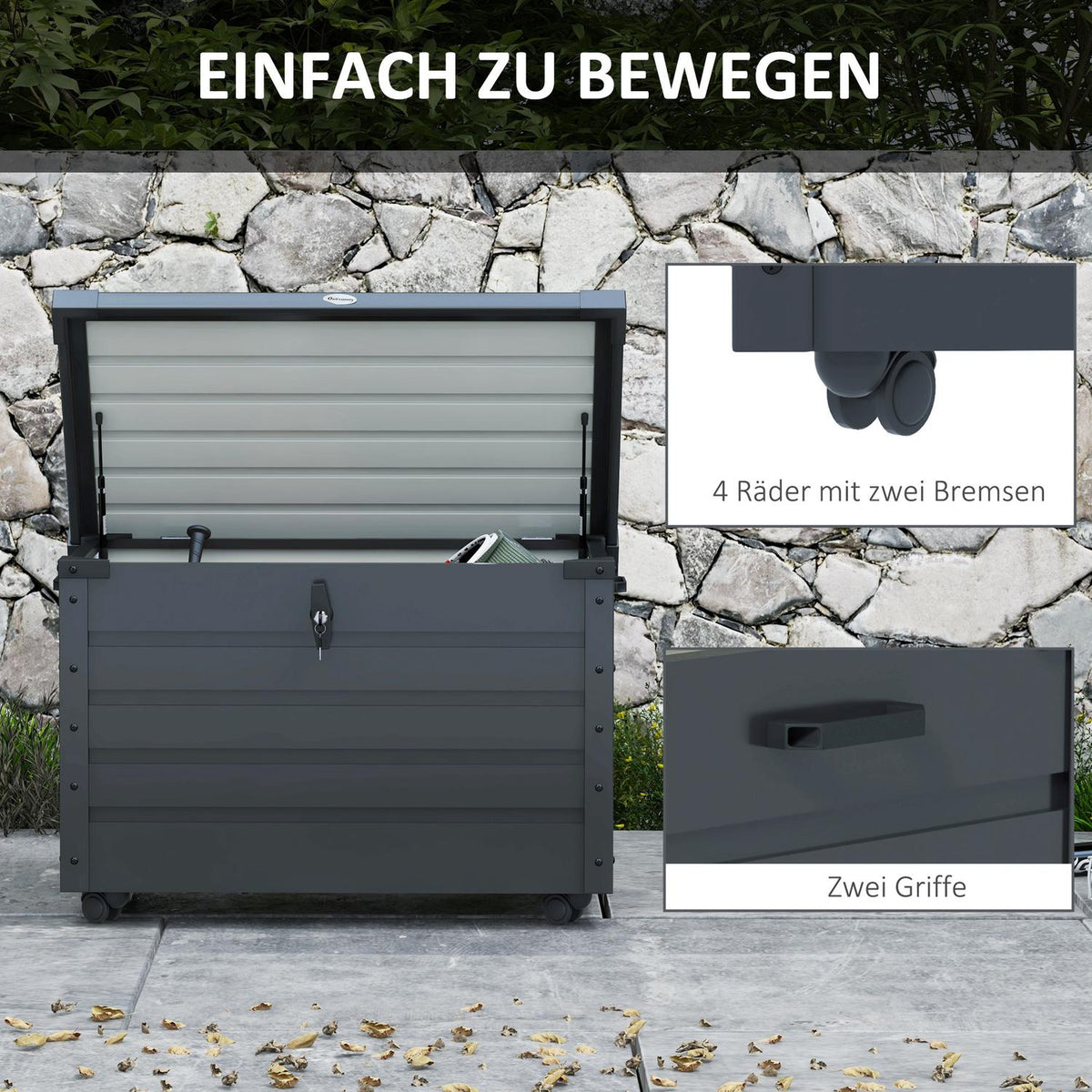 Garden box, storage box with wheels, storage box with lock, handle, garden chest for balcony, terrace 100 x 62 x 65 cm, dark gray