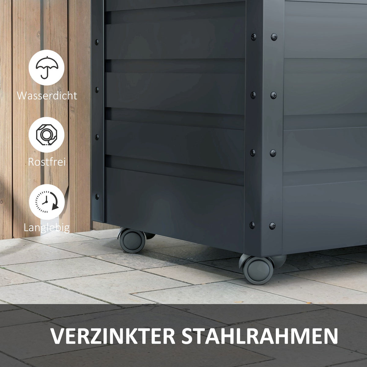 Garden box, storage box with wheels, storage box with lock, handle, garden chest for balcony, terrace 100 x 62 x 65 cm, dark gray