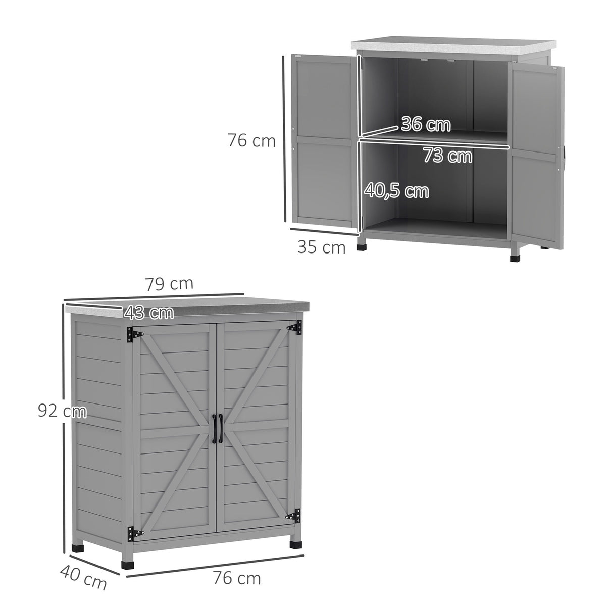 Garden cabinet wooden outdoor weatherproof tool shed with worktop, double door, shelf, equipment cabinet storage cabinet multi-purpose cabinet for garden, terrace 79 x 43 x 92 cm gray