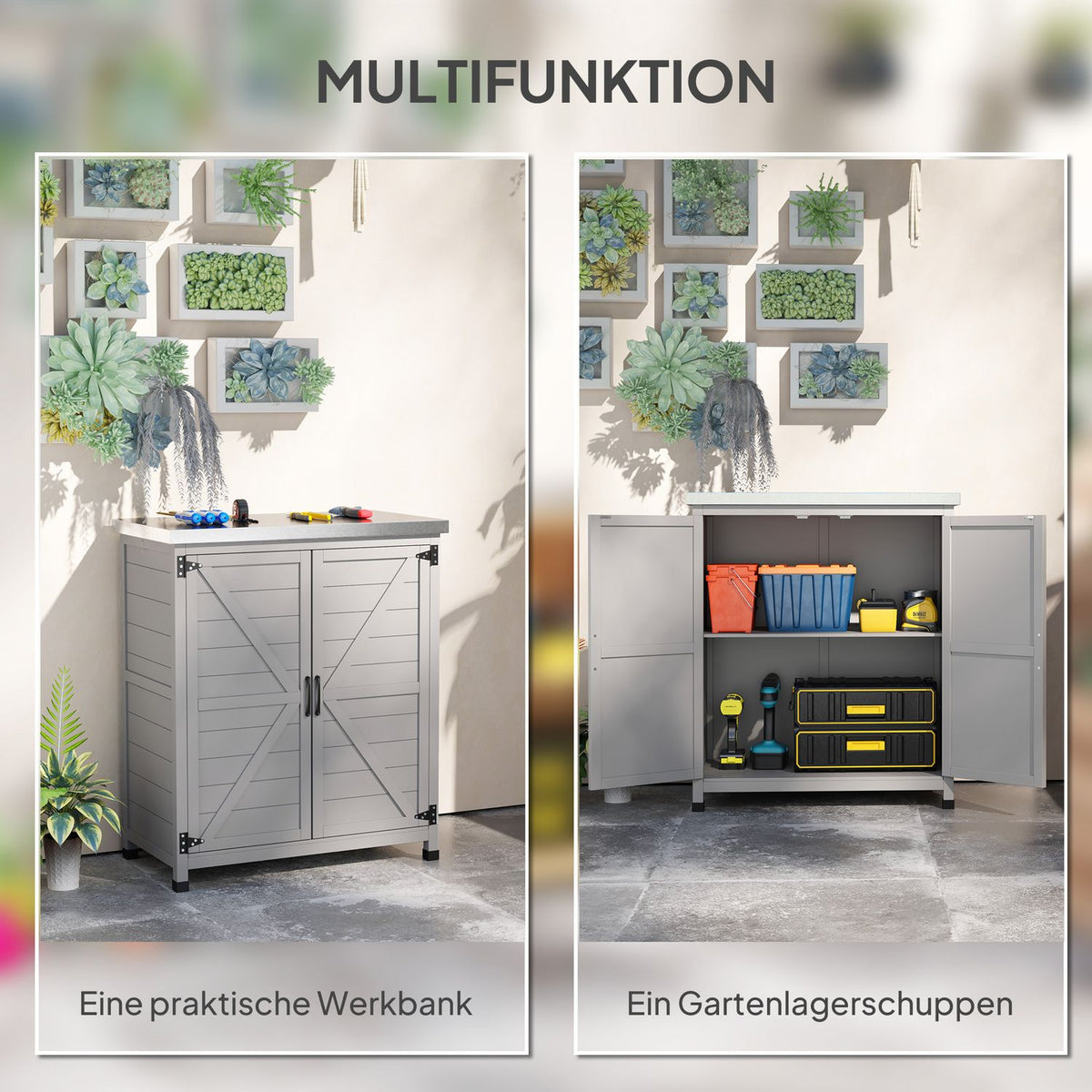 Garden cabinet wooden outdoor weatherproof tool shed with worktop, double door, shelf, equipment cabinet storage cabinet multi-purpose cabinet for garden, terrace 79 x 43 x 92 cm gray