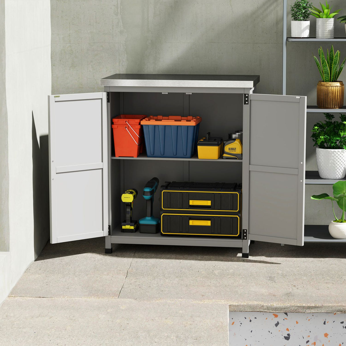 Garden cabinet wooden outdoor weatherproof tool shed with worktop, double door, shelf, equipment cabinet storage cabinet multi-purpose cabinet for garden, terrace 79 x 43 x 92 cm gray