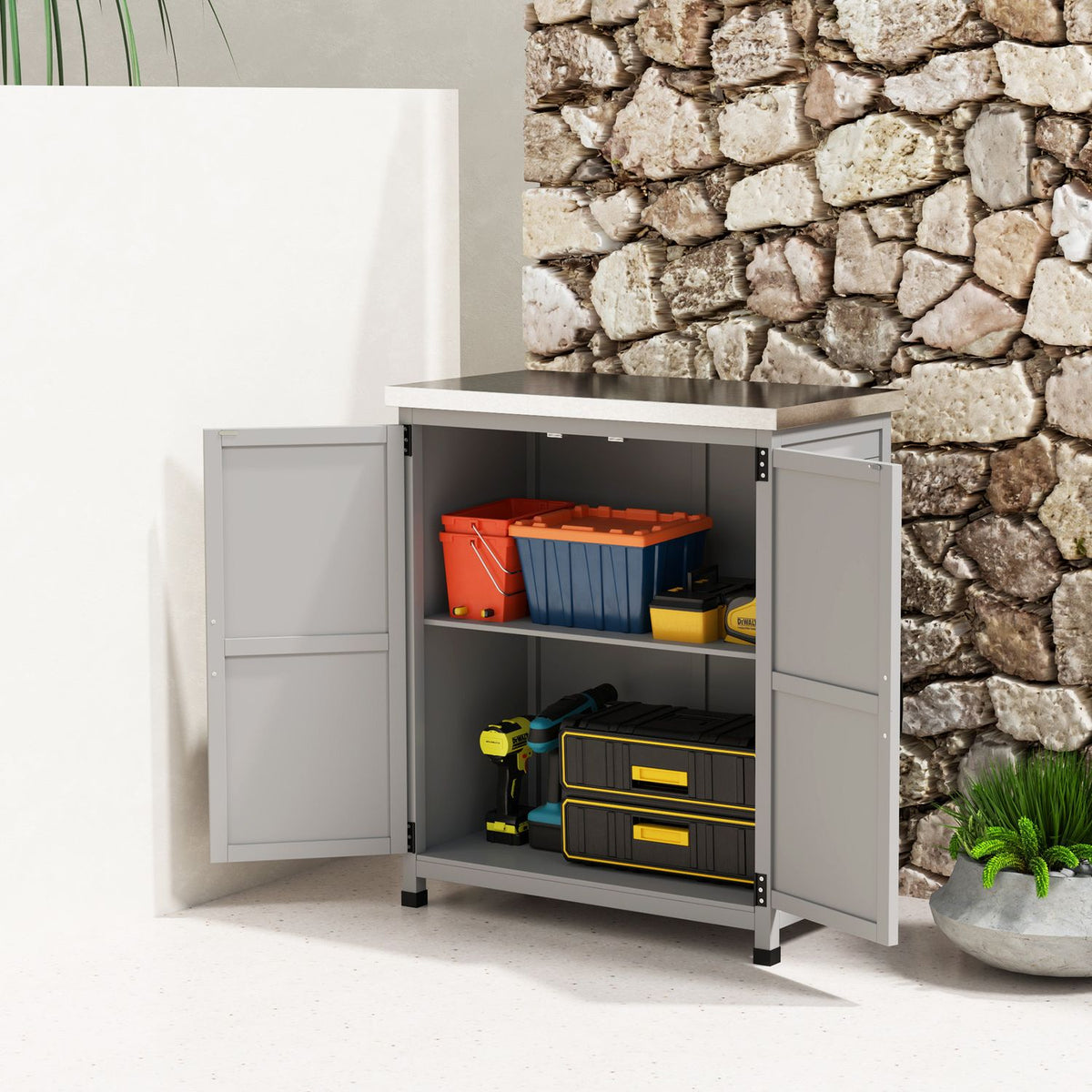 Garden cabinet wooden outdoor weatherproof tool shed with worktop, double door, shelf, equipment cabinet storage cabinet multi-purpose cabinet for garden, terrace 79 x 43 x 92 cm gray
