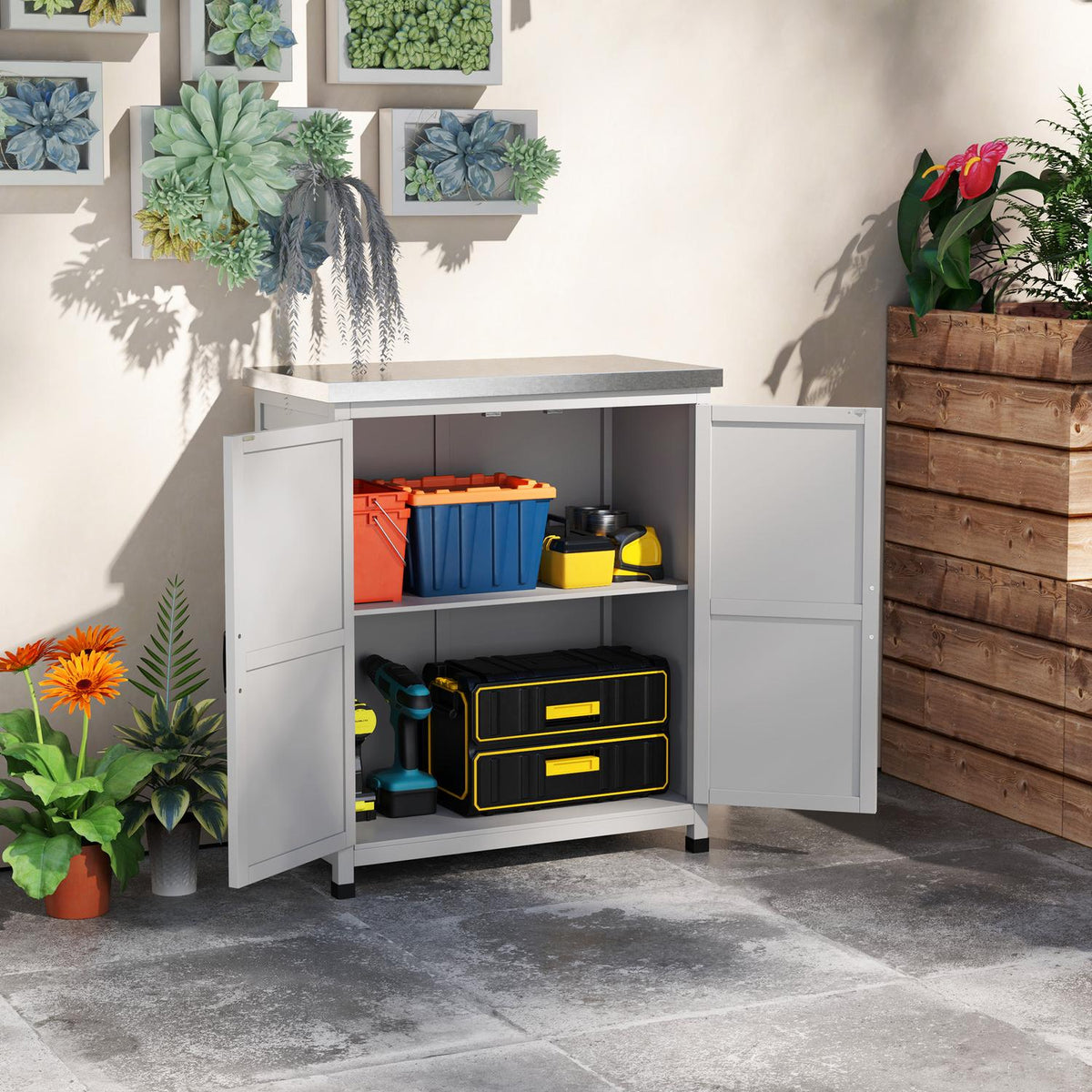 Garden cabinet wooden outdoor weatherproof tool shed with worktop, double door, shelf, equipment cabinet storage cabinet multi-purpose cabinet for garden, terrace 79 x 43 x 92 cm gray