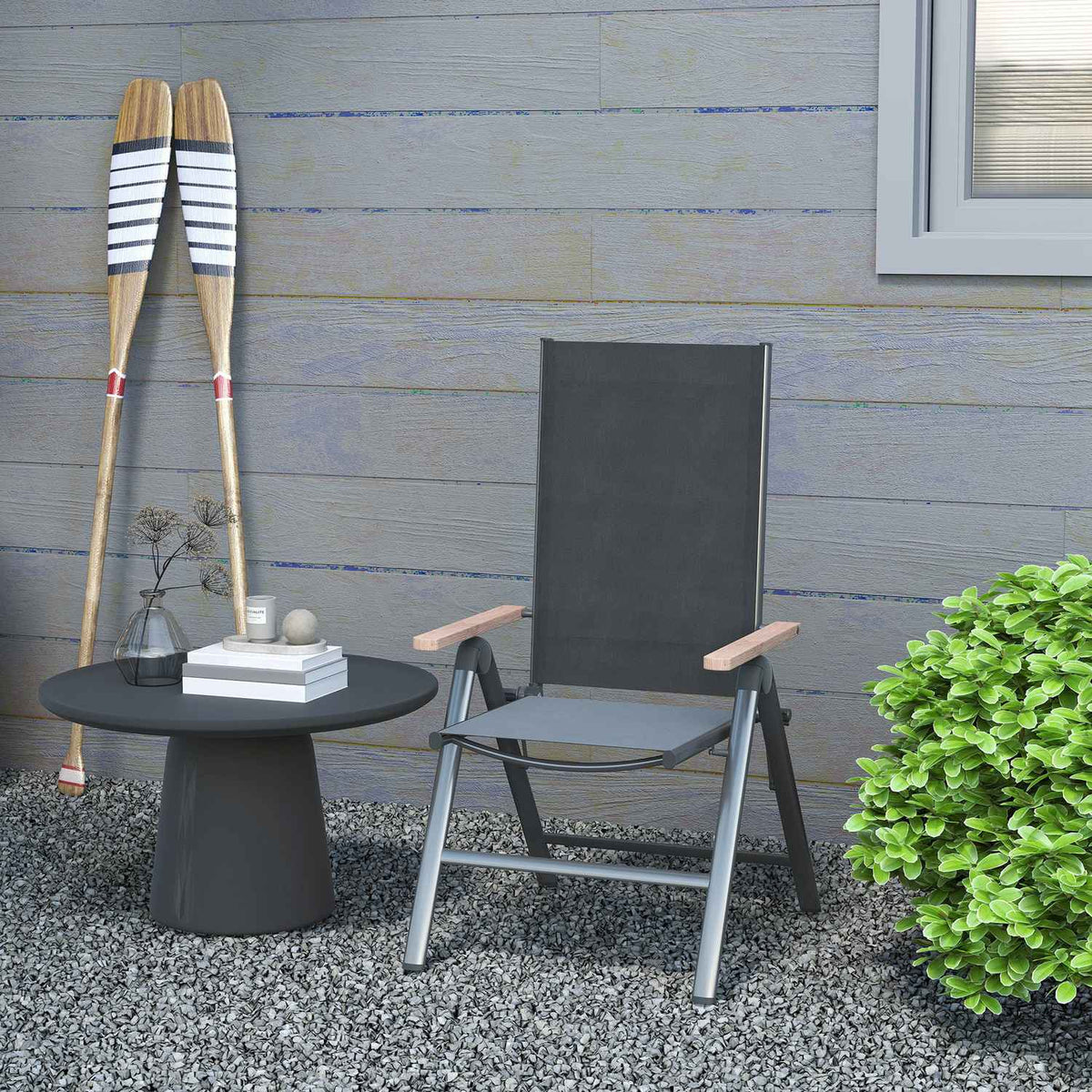 Garden chair made of steel, folding chair with armrests, foldable balcony chair, camping chair, 120 kg load capacity, high-back patio chair for garden, balcony, 60 x 73 x 108 cm, black
