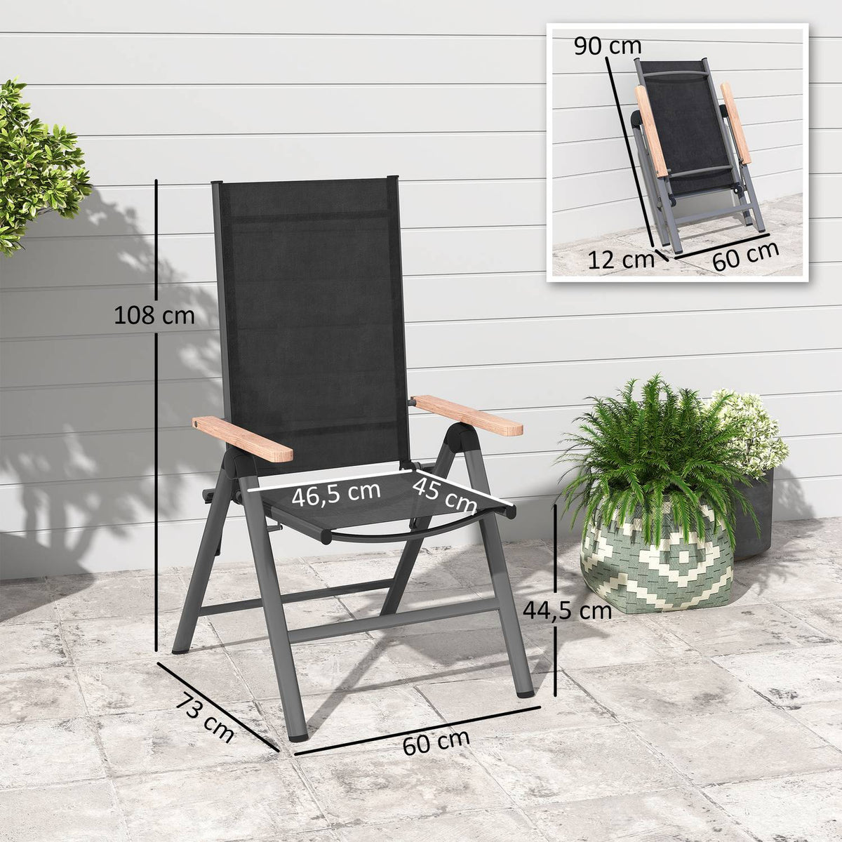 Garden chair made of steel, folding chair with armrests, foldable balcony chair, camping chair, 120 kg load capacity, high-back patio chair for garden, balcony, 60 x 73 x 108 cm, black