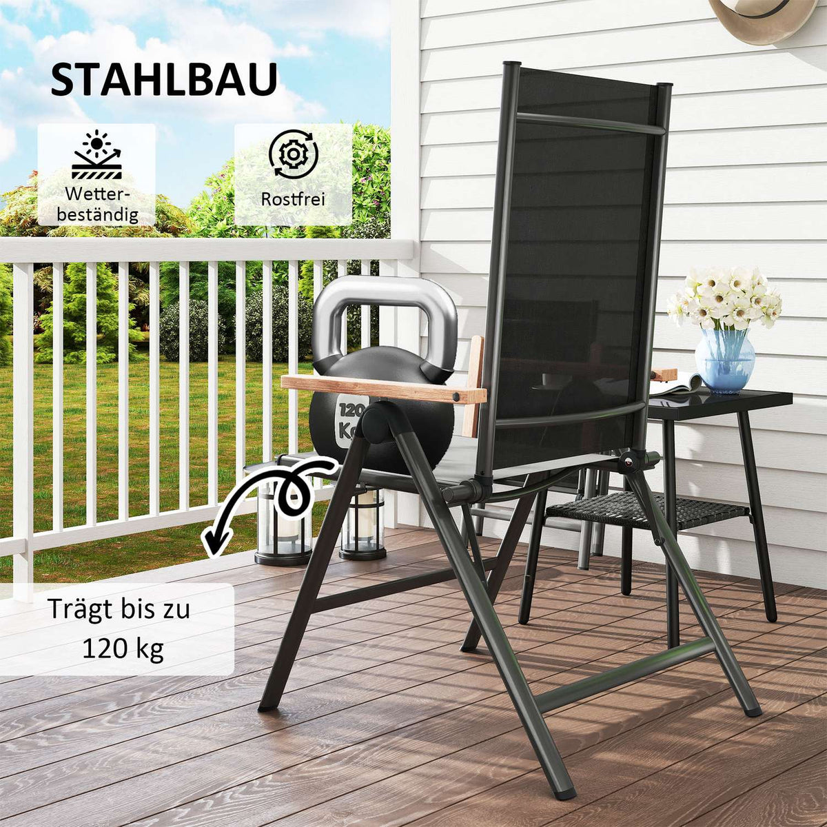 Garden chair made of steel, folding chair with armrests, foldable balcony chair, camping chair, 120 kg load capacity, high-back patio chair for garden, balcony, 60 x 73 x 108 cm, black