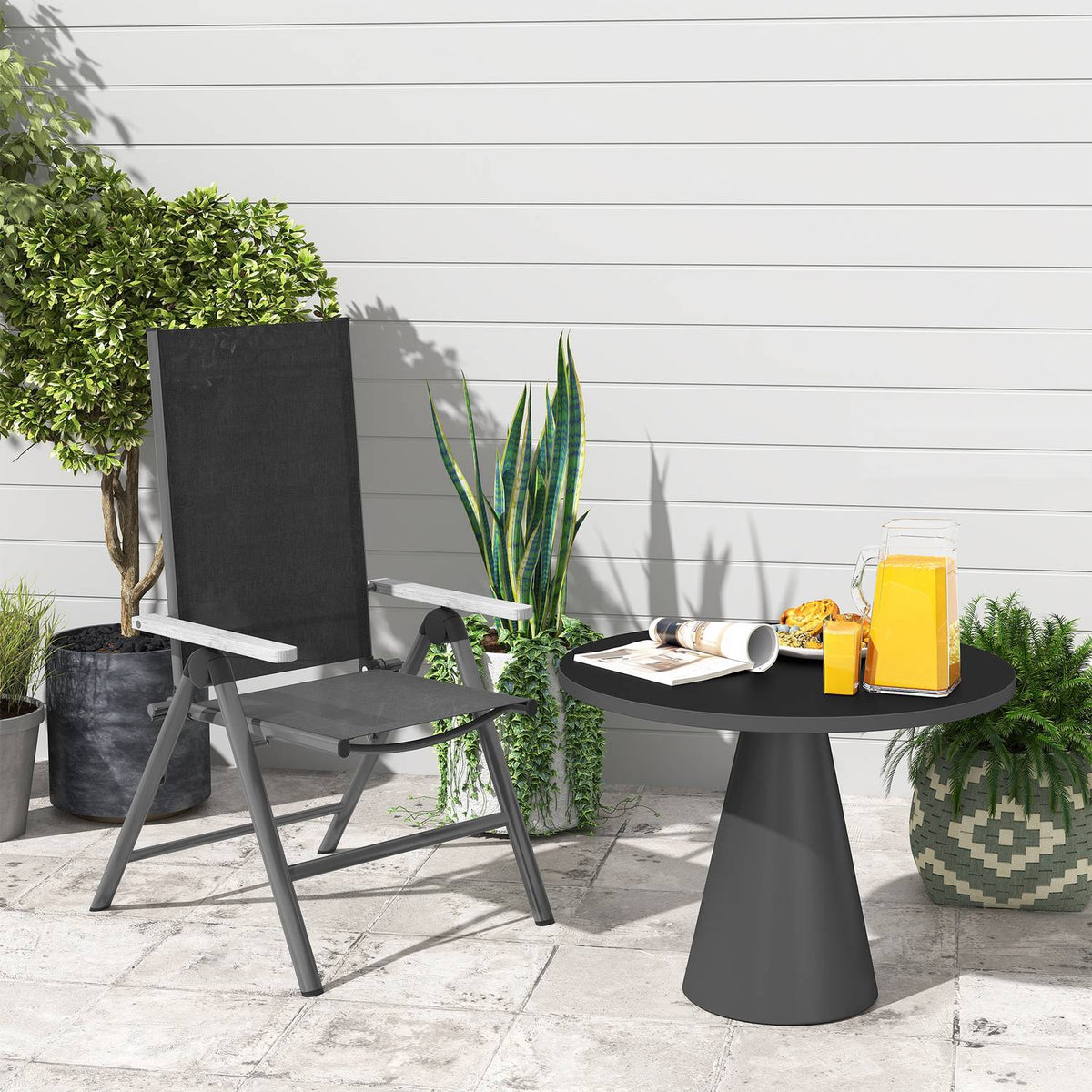 Garden chair made of steel, folding chair with armrests, foldable balcony chair, camping chair, 120 kg load capacity, high-back patio chair for garden, balcony, 60 x 73 x 108 cm, black