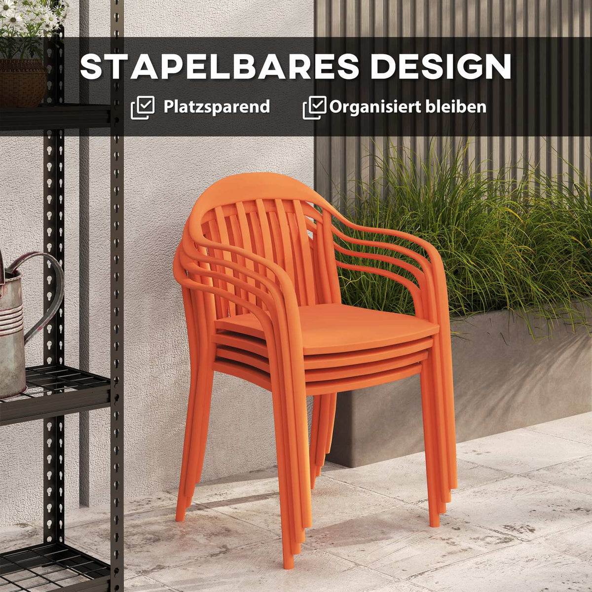 Garden chair set of 4 weatherproof garden chairs made of plastic stackable chair with armrests backrest stackable patio chair loadable up to 120 kg garden furniture for backyard, garden, balcony red |