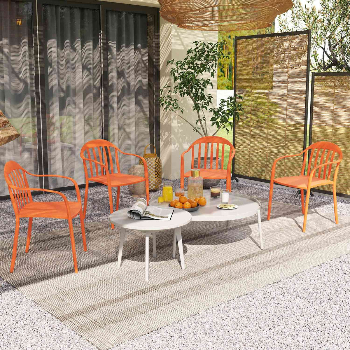 Garden chair set of 4 weatherproof garden chairs made of plastic stackable chair with armrests backrest stackable patio chair loadable up to 120 kg garden furniture for backyard, garden, balcony red |
