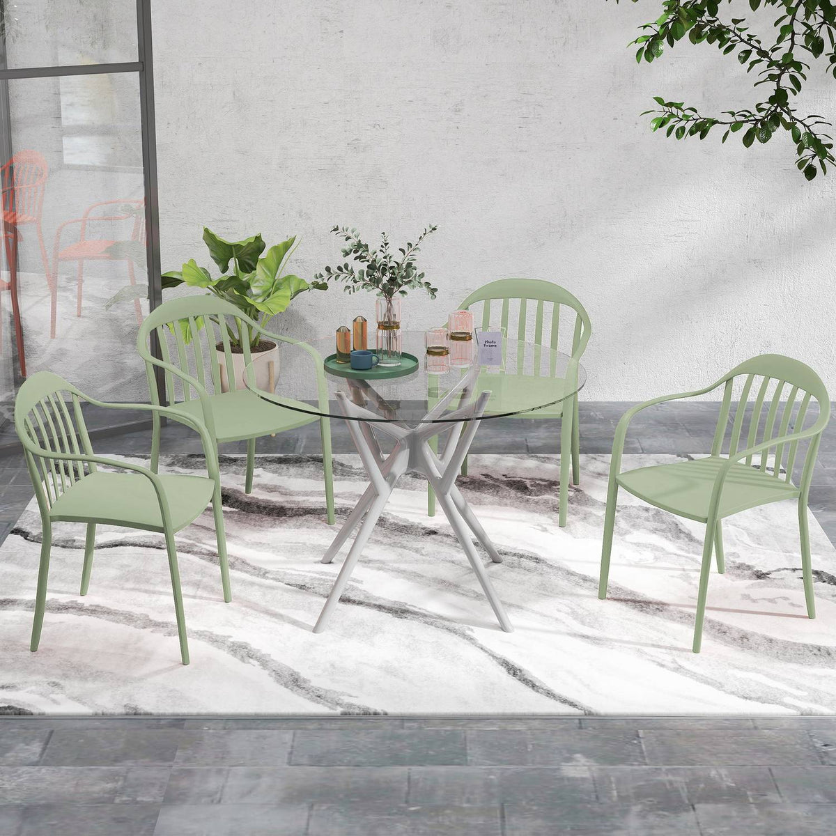 Garden chair set of 4 weatherproof garden chairs made of plastic stacking chair with armrest backrest stackable patio chair load capacity up to 120 kg garden furniture for backyard, garden, balcony green