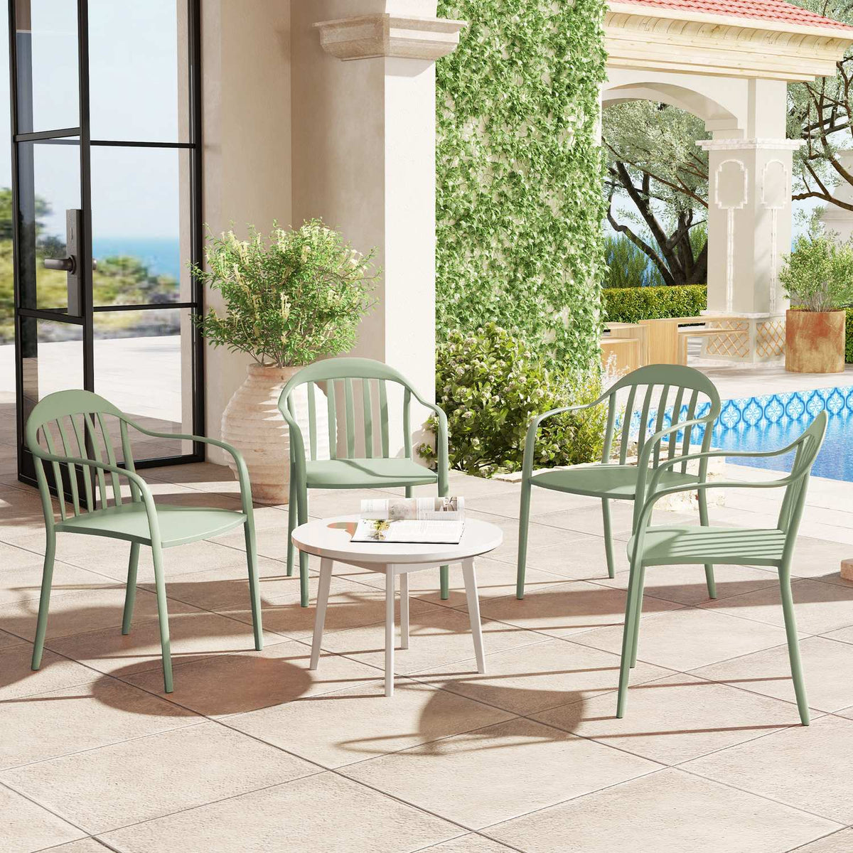 Garden chair set of 4 weatherproof garden chairs made of plastic stacking chair with armrest backrest stackable patio chair load capacity up to 120 kg garden furniture for backyard, garden, balcony green