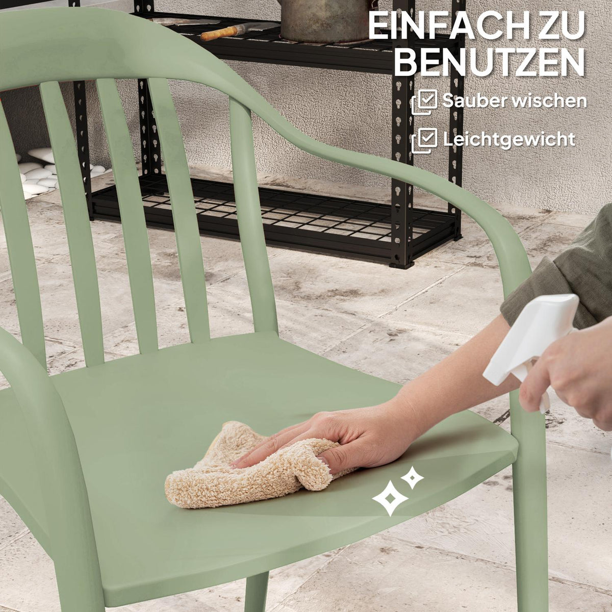 Garden chair set of 4 weatherproof garden chairs made of plastic stacking chair with armrest backrest stackable patio chair load capacity up to 120 kg garden furniture for backyard, garden, balcony green