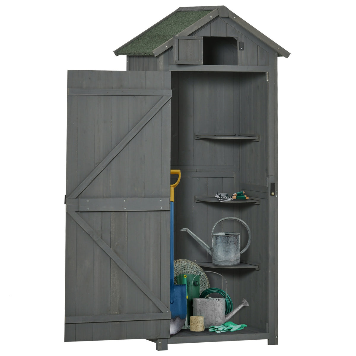 Garden cupboard, garden shed, tool shed, tool shed with shelves, asphalt roof, window, wood, grey+green, 77 x 54.2 x 179 cm