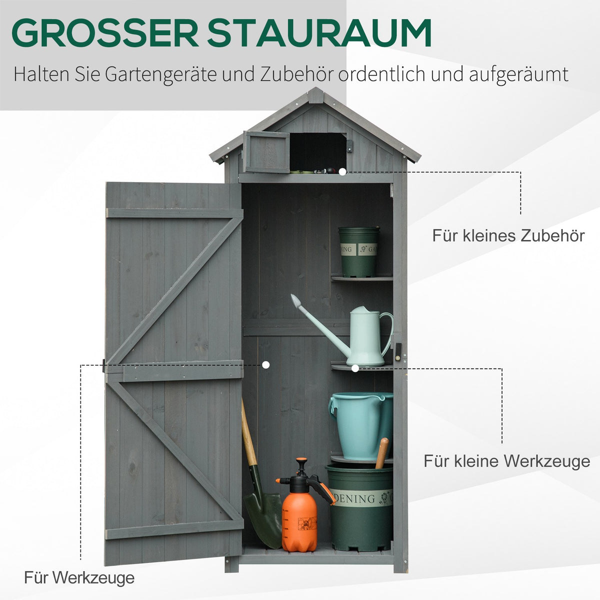 Garden cupboard, garden shed, tool shed, tool shed with shelves, asphalt roof, window, wood, grey+green, 77 x 54.2 x 179 cm