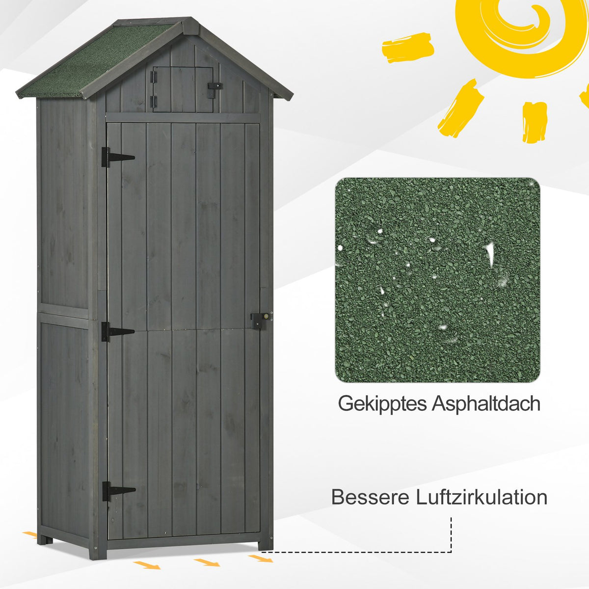 Garden cupboard, garden shed, tool shed, tool shed with shelves, asphalt roof, window, wood, grey+green, 77 x 54.2 x 179 cm