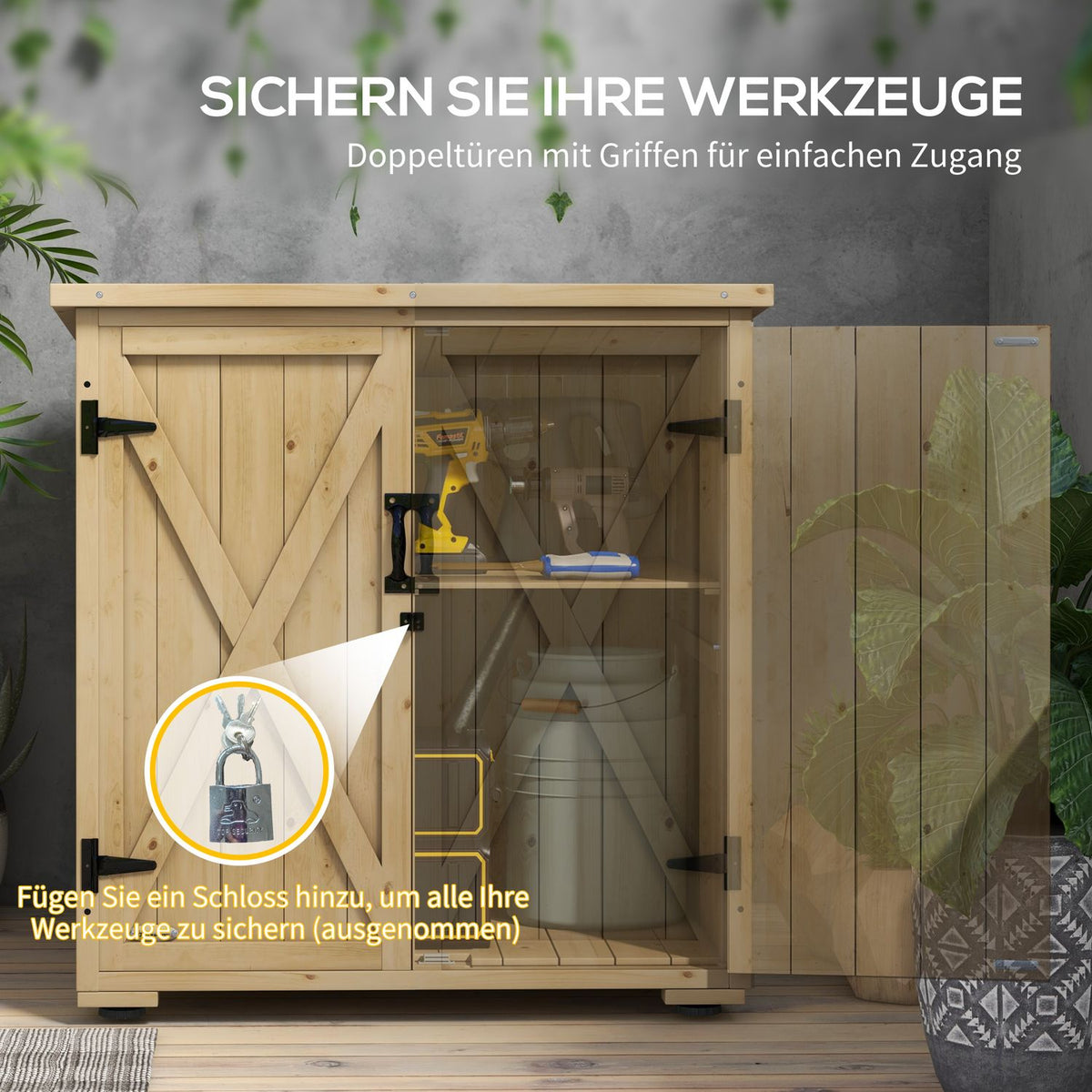 Garden cupboard, tool cupboard, weatherproof tool shed, wooden cupboard with double door, garden shed, natural, 77.5 x 88 x 90 cm