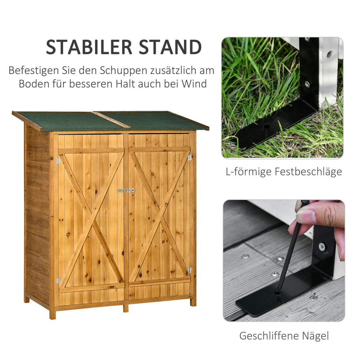 Garden cupboard, tool shed with 2 doors, tool cupboard with asphalt roof, ground nails, garden storage cupboard, fir wood, 140 x 75 x 157 cm