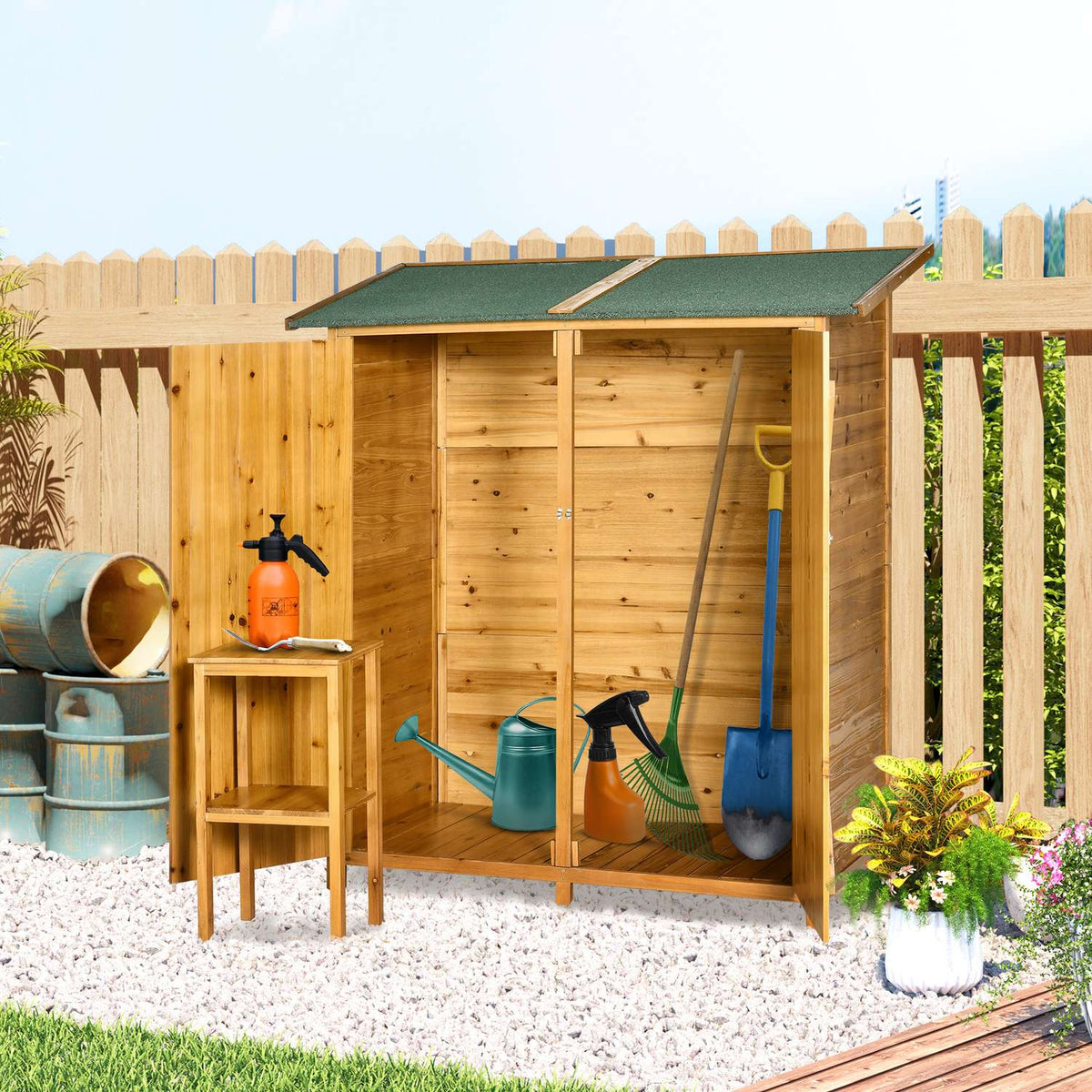 Garden cupboard, tool shed with 2 doors, tool cupboard with asphalt roof, ground nails, garden storage cupboard, fir wood, 140 x 75 x 157 cm