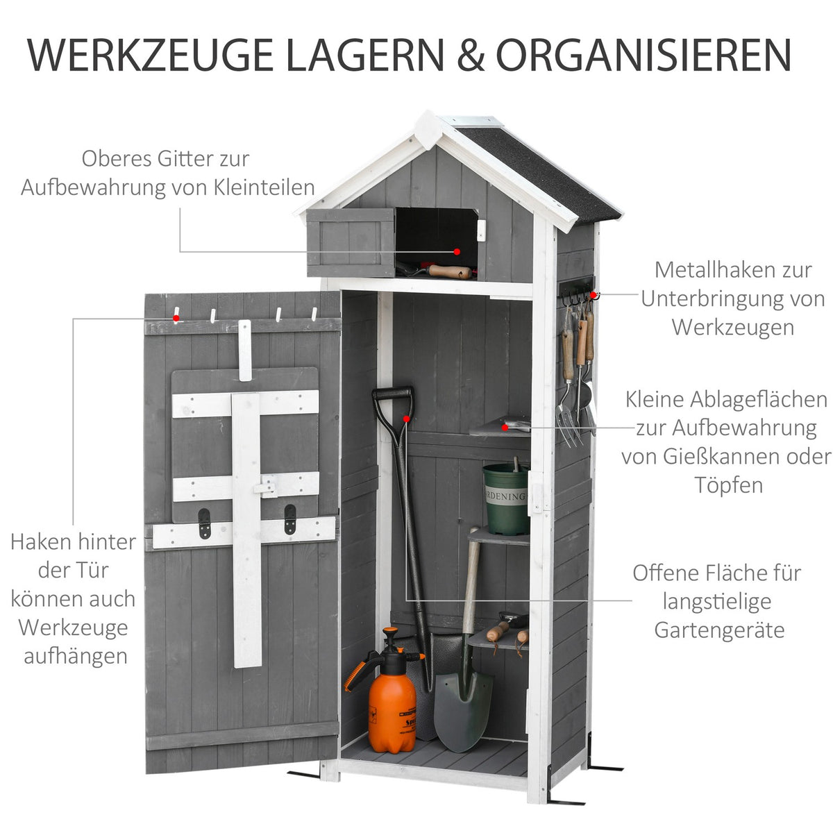 Garden cupboard with door and roof, wooden tool shed, grey, 78x52.5x182cm, ideal for garden storage & foldable table