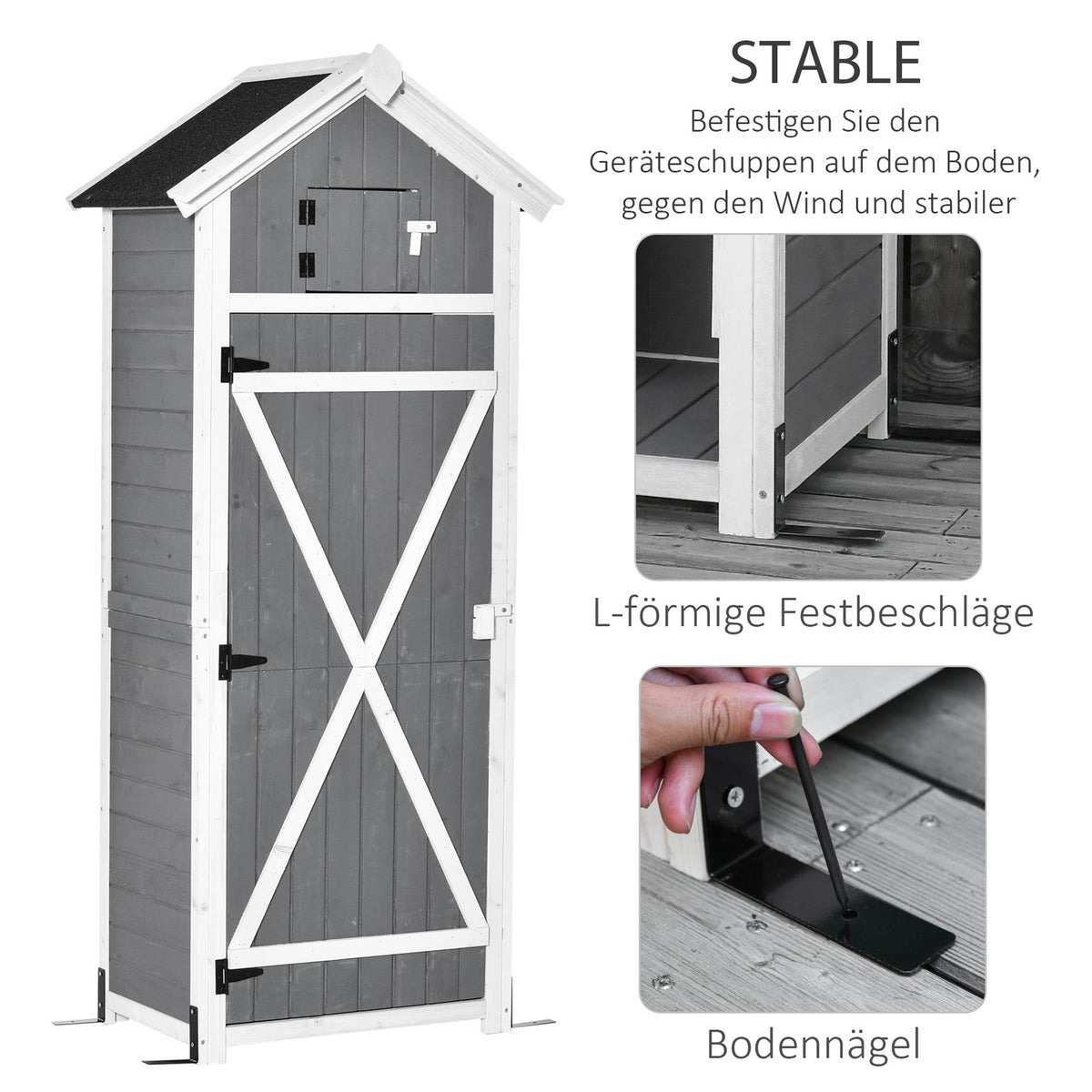 Garden cupboard with door and roof, wooden tool shed, grey, 78x52.5x182cm, ideal for garden storage & foldable table