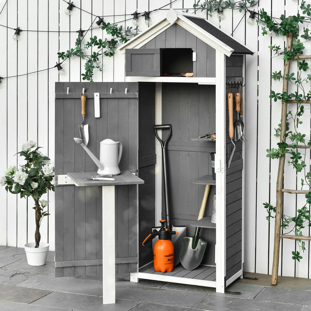 Garden cupboard with door and roof, wooden tool shed, grey, 78x52.5x182cm, ideal for garden storage & foldable table