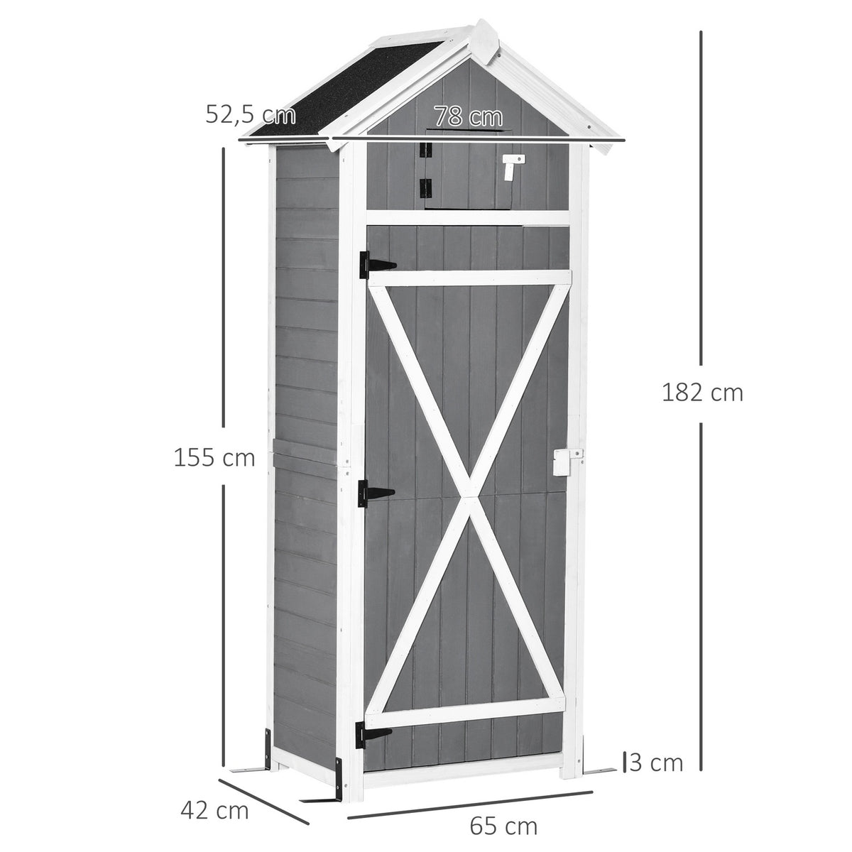 Garden cupboard with door and roof, wooden tool shed, grey, 78x52.5x182cm, ideal for garden storage & foldable table