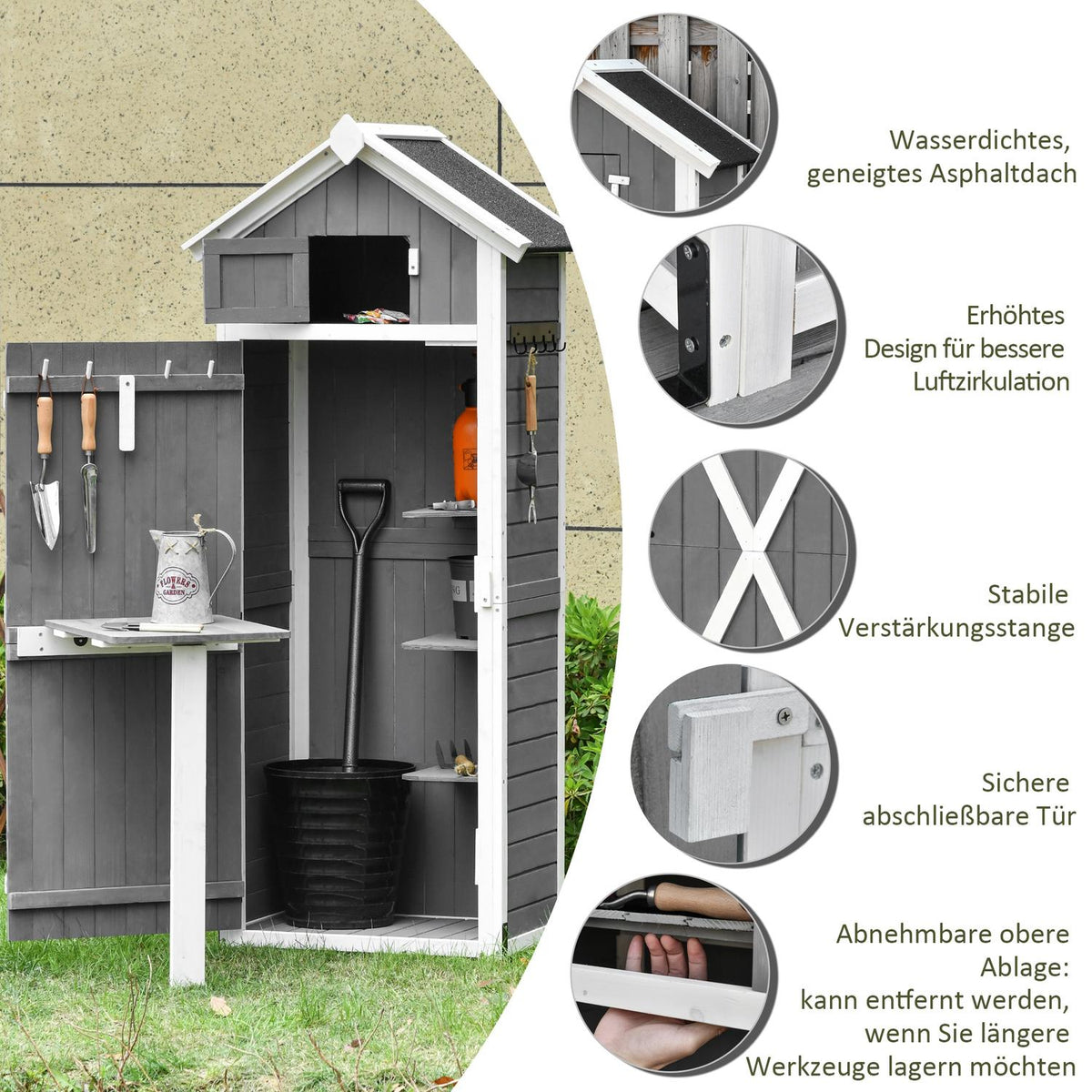 Garden cupboard with door and roof, wooden tool shed, grey, 78x52.5x182cm, ideal for garden storage & foldable table