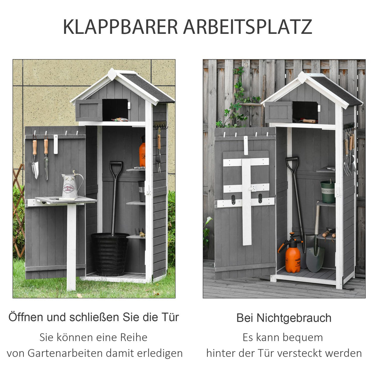 Garden cupboard with door and roof, wooden tool shed, grey, 78x52.5x182cm, ideal for garden storage & foldable table