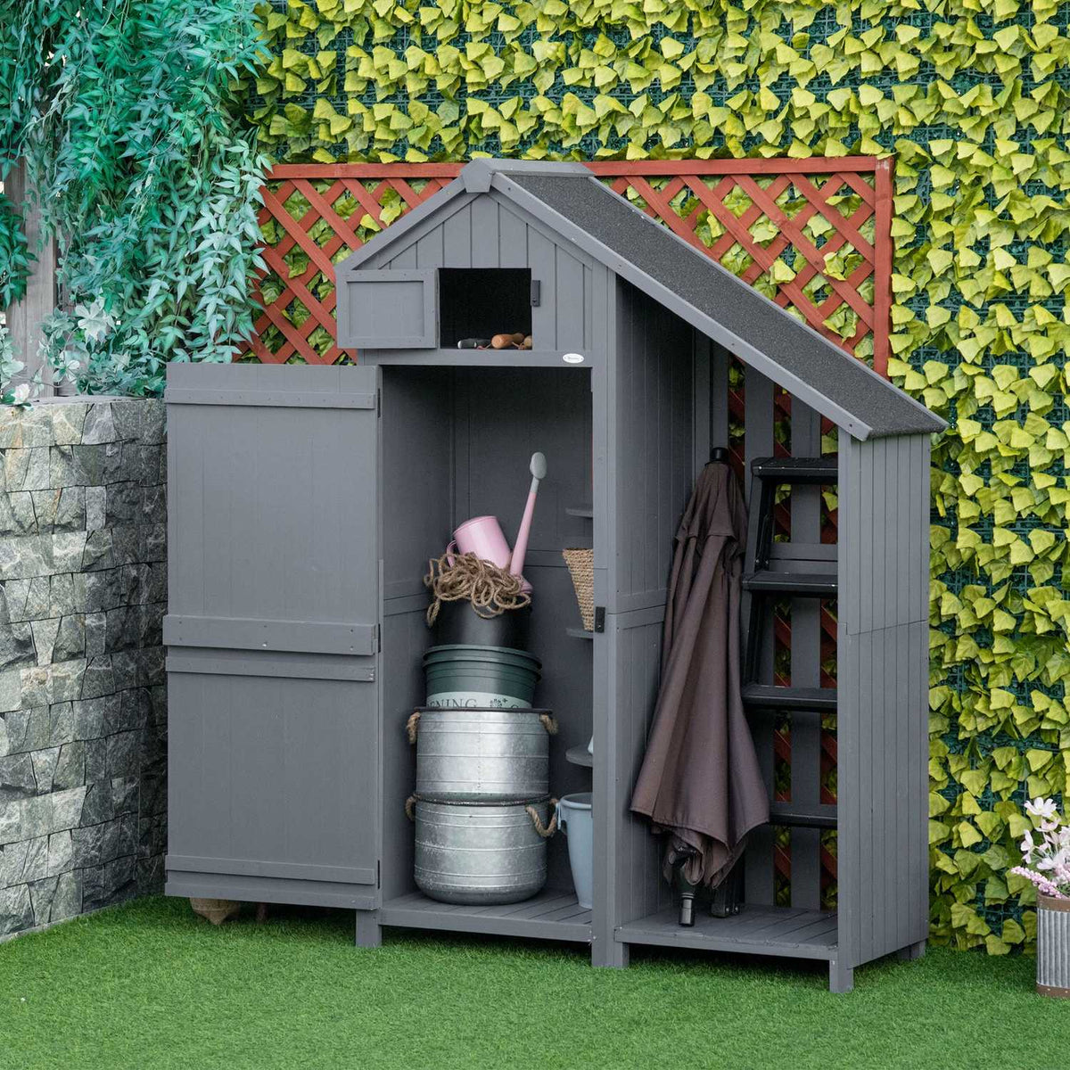 Garden cupboard wooden tool shed garden house tool cupboard wooden hut gable roof gray + black 129 x 51.5 x 180 cm