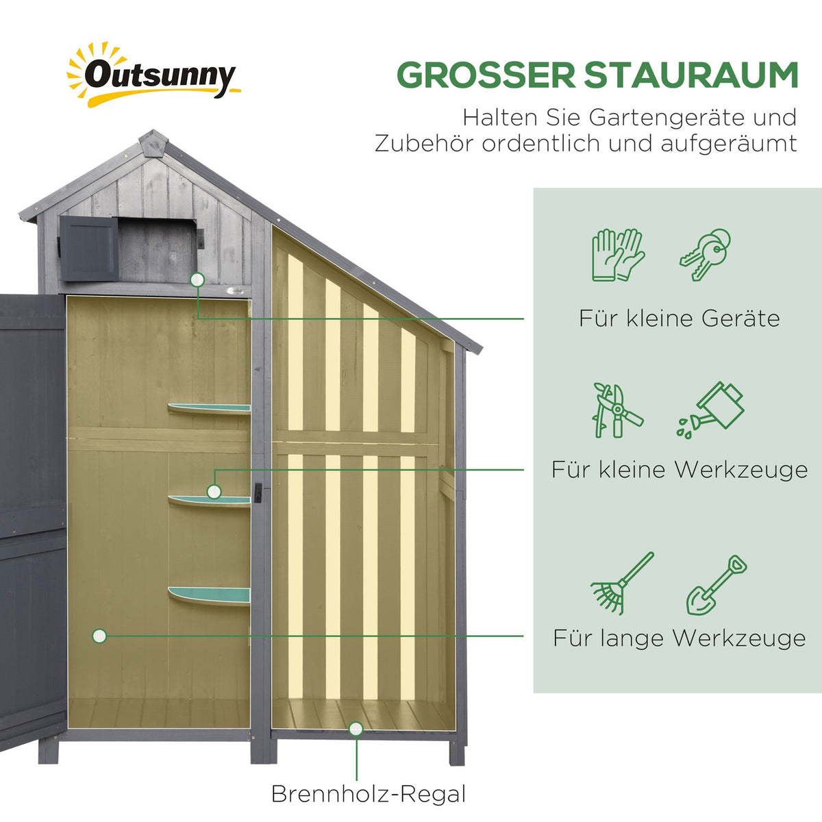 Garden cupboard wooden tool shed garden house tool cupboard wooden hut gable roof gray + black 129 x 51.5 x 180 cm