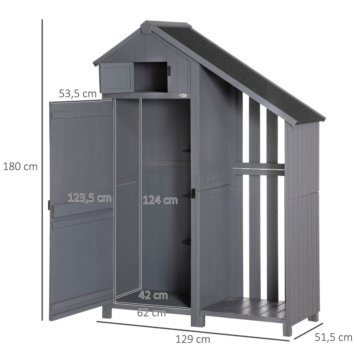 Garden cupboard wooden tool shed garden house tool cupboard wooden hut gable roof gray + black 129 x 51.5 x 180 cm