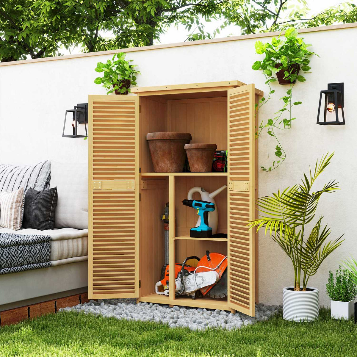 Garden cupboard wooden tool shed tool shed with asphalt roof slatted door tool cupboard shed garden 4 compartments light yellow 87 x 46.5 x 160 cm