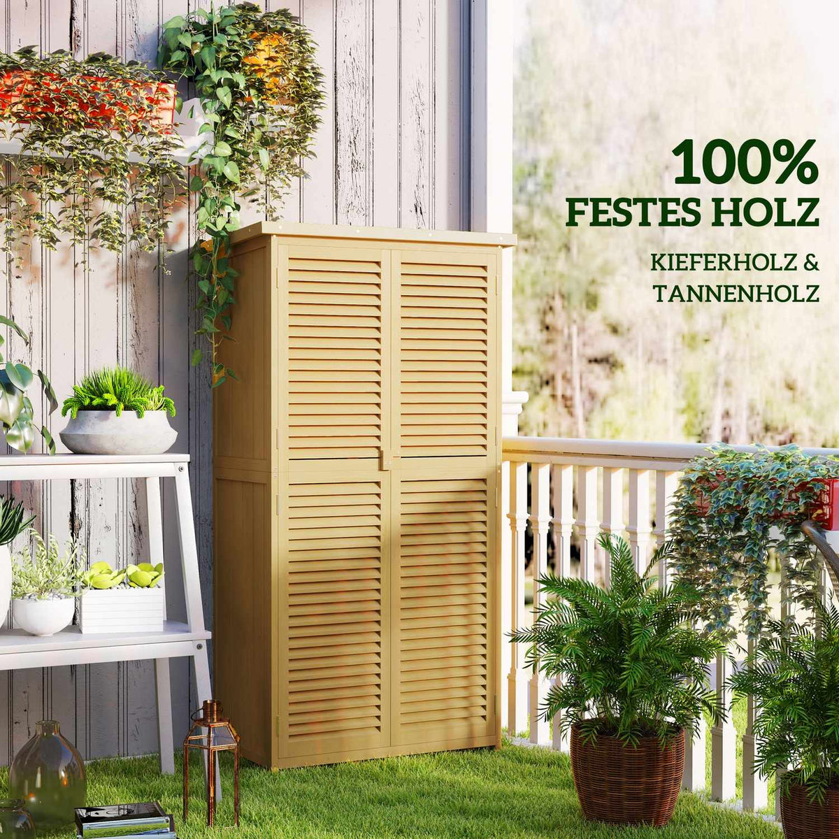 Garden cupboard wooden tool shed tool shed with asphalt roof slatted door tool cupboard shed garden 4 compartments light yellow 87 x 46.5 x 160 cm