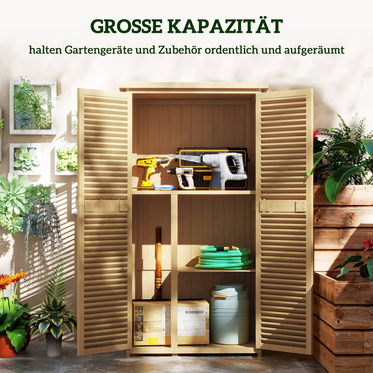 Garden cupboard wooden tool shed tool shed with asphalt roof slatted door tool cupboard shed garden 4 compartments light yellow 87 x 46.5 x 160 cm