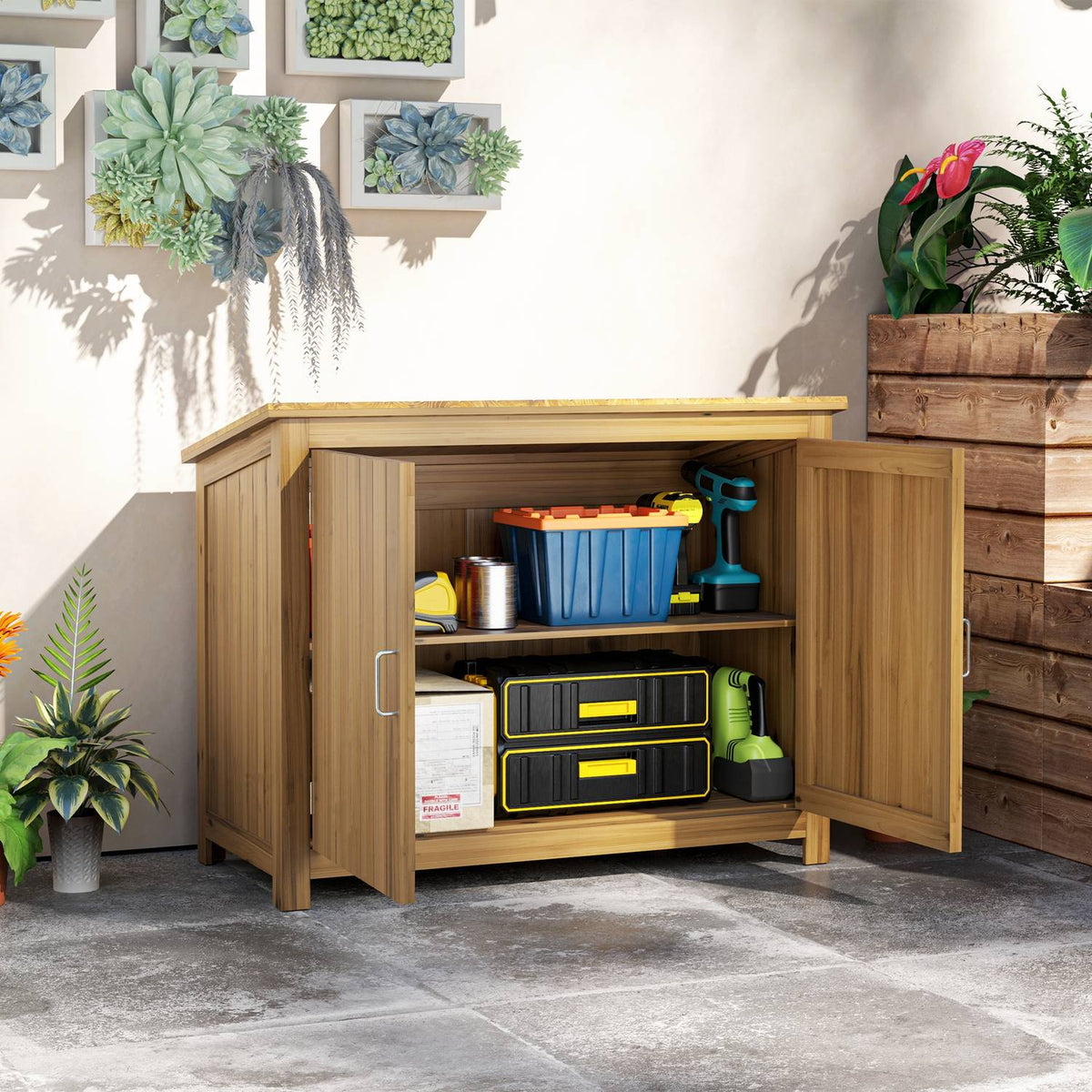 Garden cupboard wooden, tool shed weatherproof 110x50x85cm, tool shed with door, pent roof, shelves, tool cupboard, garden shed tool cupboard garden shed for garden patio backyard, brown |