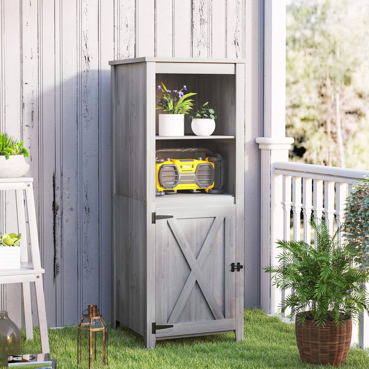 Garden cupboard wooden, tool shed weatherproof 60x60x160cm, tool shed with door, height-adjustable shelves, lockable tool cupboard, garden shed for garden, terrace, backyard, light gray |