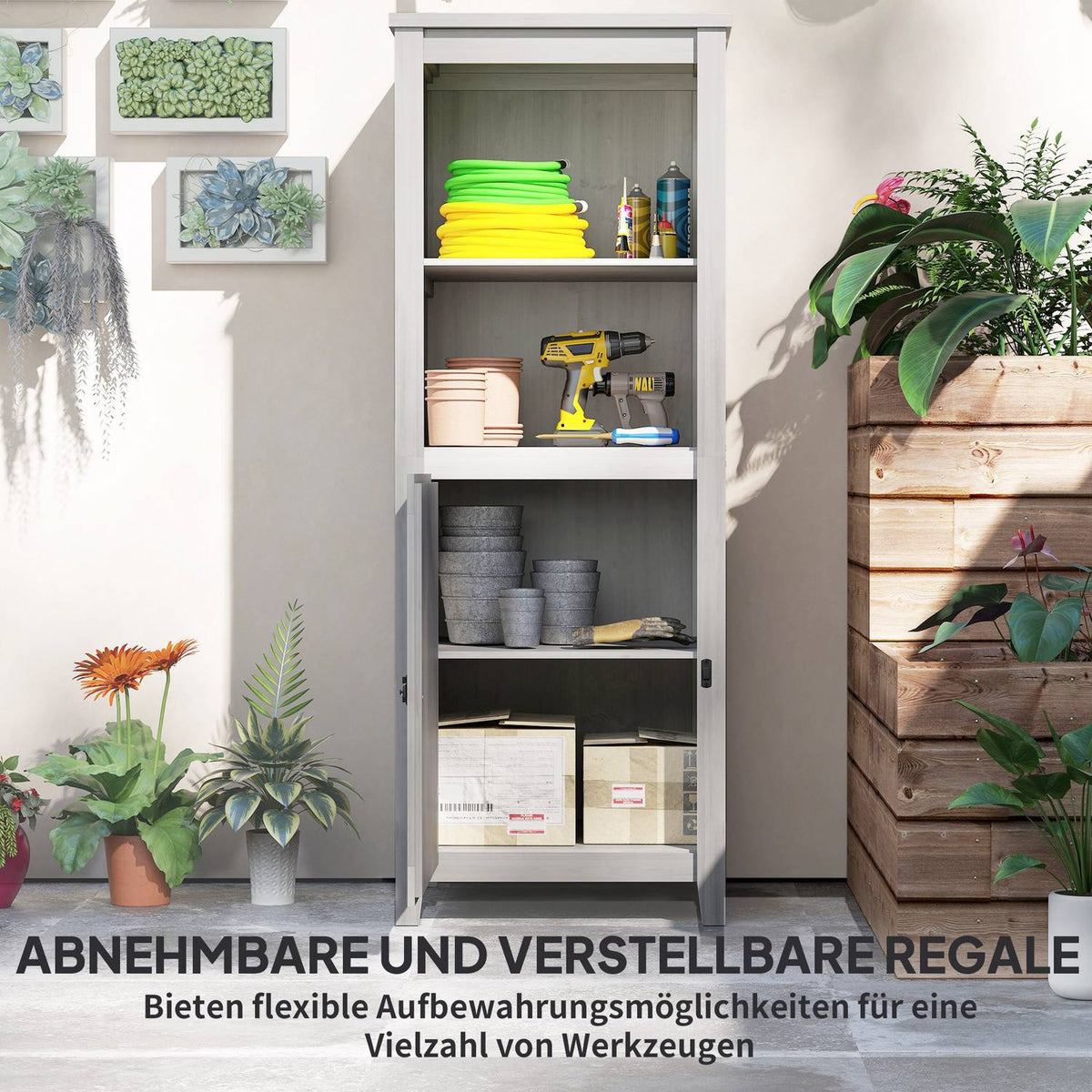 Garden cupboard wooden, tool shed weatherproof 60x60x160cm, tool shed with door, height-adjustable shelves, lockable tool cupboard, garden shed for garden, terrace, backyard, light gray |