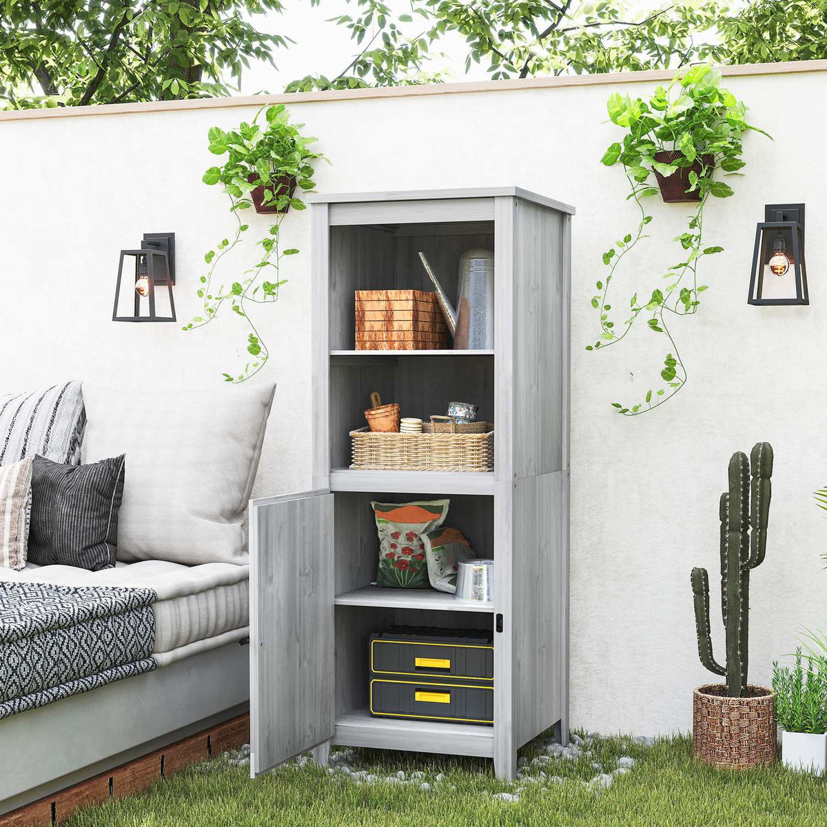 Garden cupboard wooden, tool shed weatherproof 60x60x160cm, tool shed with door, height-adjustable shelves, lockable tool cupboard, garden shed for garden, terrace, backyard, light gray |