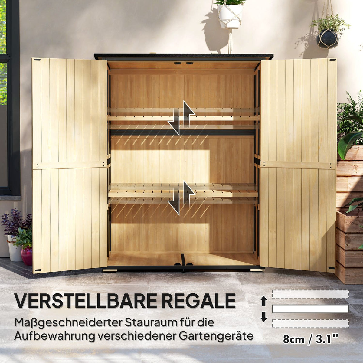 Garden cupboard, wooden tool shed, weatherproof tool cupboard with 2 doors, shelves, tool house with asphalt roof, tool cupboard for garden, terrace, 140 x 74 x 173 cm, natural wood |