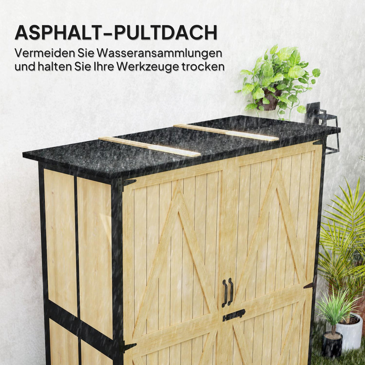 Garden cupboard, wooden tool shed, weatherproof tool cupboard with 2 doors, shelves, tool house with asphalt roof, tool cupboard for garden, terrace, 140 x 74 x 173 cm, natural wood |