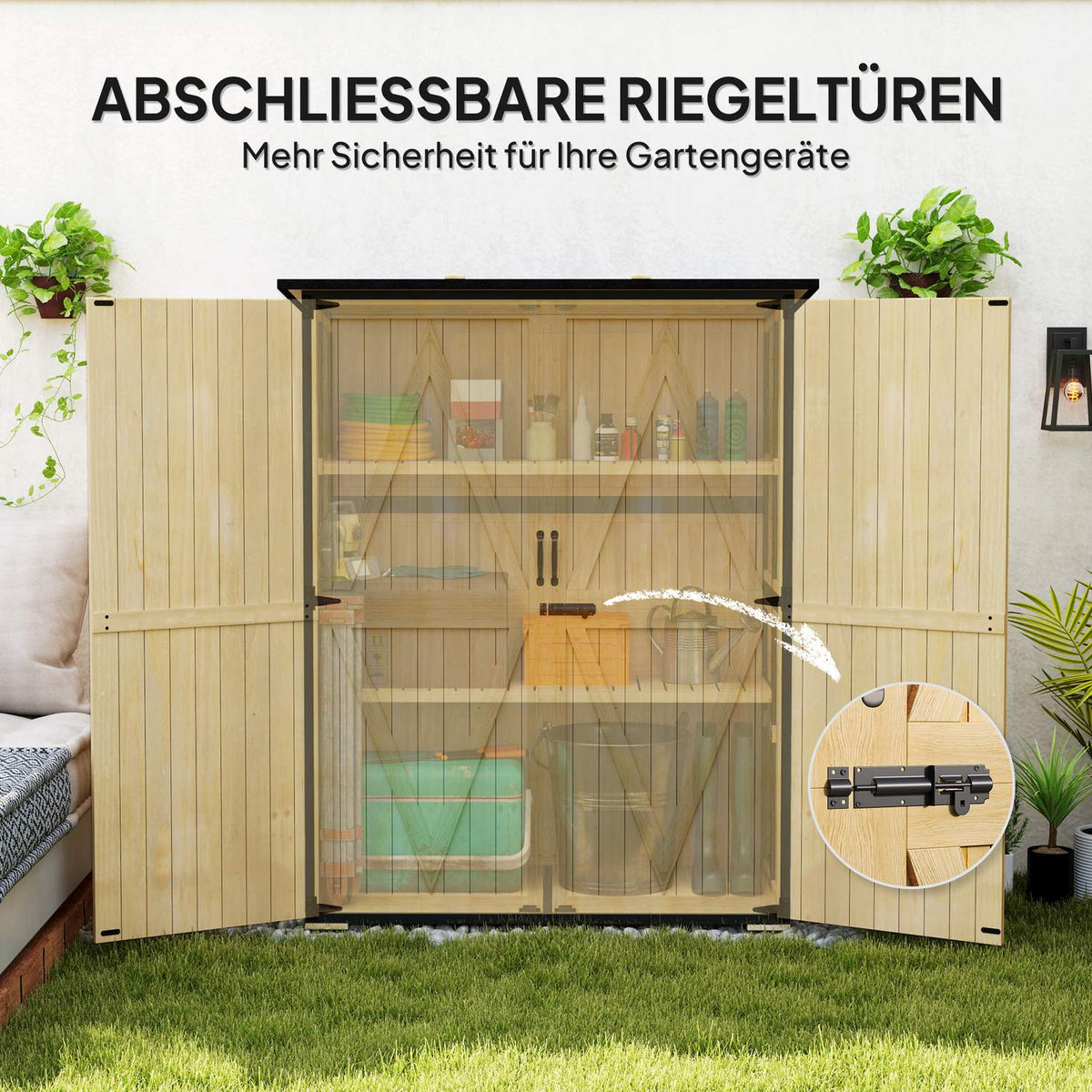 Garden cupboard, wooden tool shed, weatherproof tool cupboard with 2 doors, shelves, tool house with asphalt roof, tool cupboard for garden, terrace, 140 x 74 x 173 cm, natural wood |