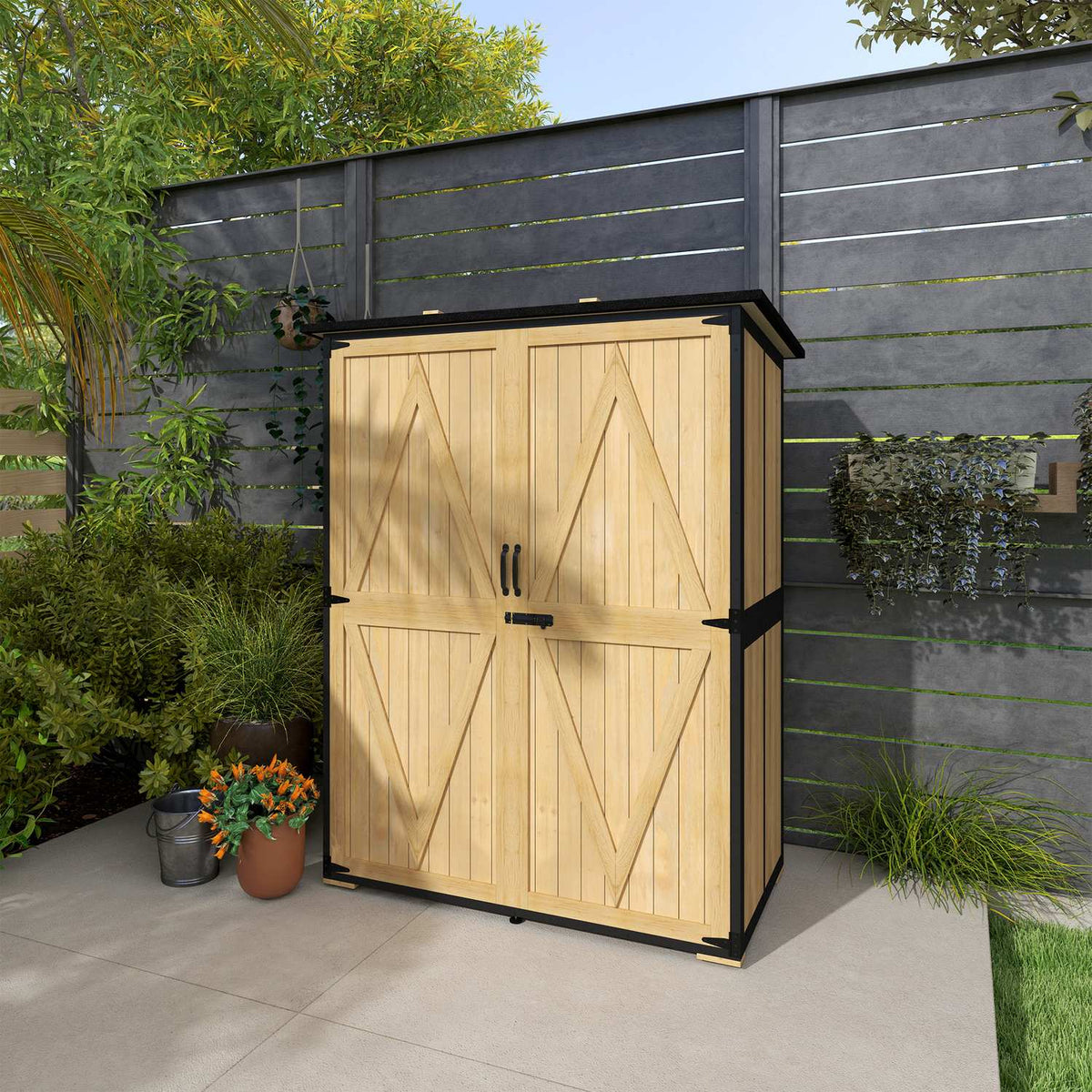 Garden cupboard, wooden tool shed, weatherproof tool cupboard with 2 doors, shelves, tool house with asphalt roof, tool cupboard for garden, terrace, 140 x 74 x 173 cm, natural wood |