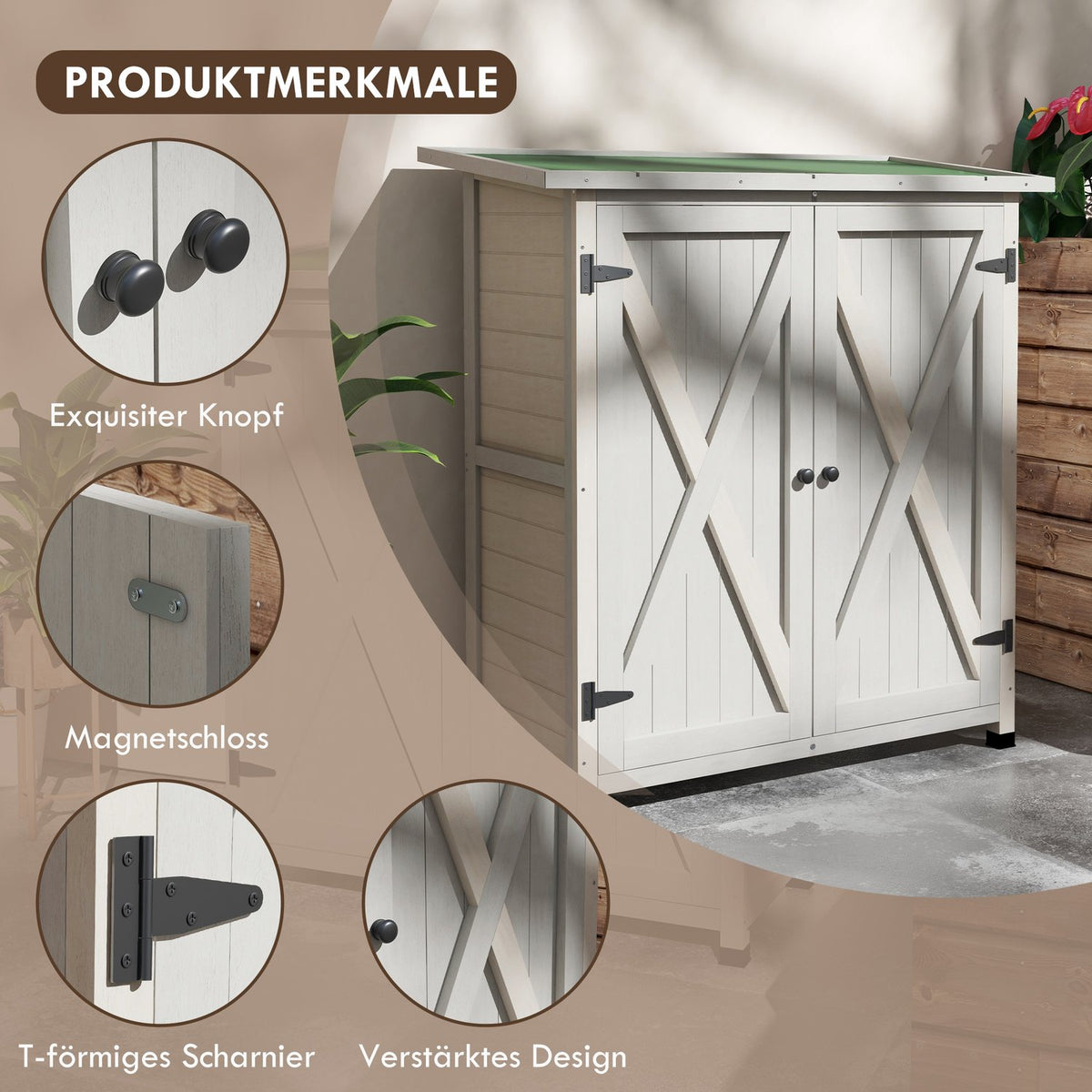 Garden cupboard, wooden tool shed, weatherproof tool cupboard with 2 doors, tool house with asphalt roof, tool cupboard for garden, terrace, 110 x 55 x 117 cm, light gray