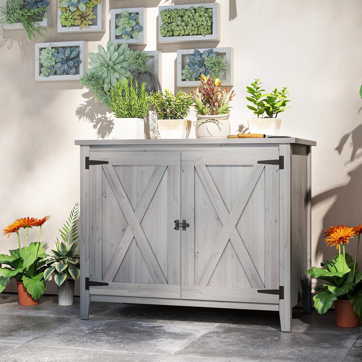 Garden cupboard wood, tool shed weatherproof 110x60x88.5cm, tool shed with door, folding roof, shelves, tool cupboard, garden shed tool cupboard garden shed for patio backyard, light gray |